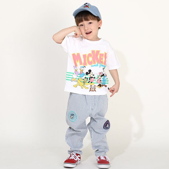【ベビードール】ミッキー＆フレンズ キャラクター集合Tシャツ 0299K / ベビーサイズ キッズ トップス 半袖 クルーネック カットソー ワイドシルエット ドロップショルダー 天竺素材