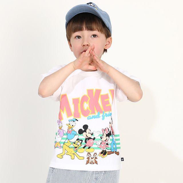 【ベビードール】ミッキー＆フレンズ キャラクター集合Tシャツ 0299K / ベビーサイズ キッズ トップス 半袖 クルーネック カットソー ワイドシルエット ドロップショルダー 天竺素材