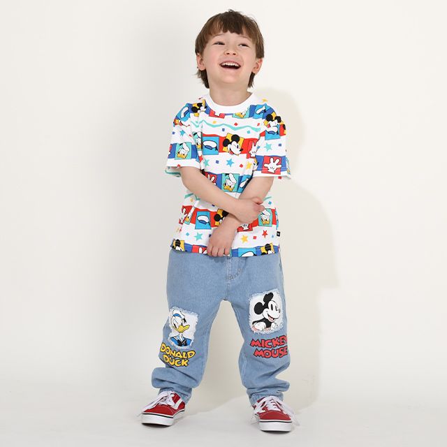 【ベビードール】ミッキー ドナルド キャラクター総柄Tシャツ 0301K / ベビーサイズ キッズ トップス 半袖 クルーネック カットソー ゆったりめシルエット 天竺素材