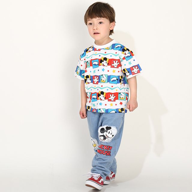 【ベビードール】ミッキー ドナルド キャラクター総柄Tシャツ 0301K / ベビーサイズ キッズ トップス 半袖 クルーネック カットソー ゆったりめシルエット 天竺素材