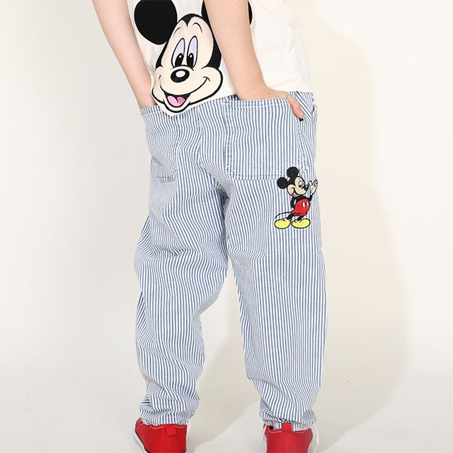 【ベビードール】ミッキー ドナルド ワッペンロングパンツ 0302K / ベビーサイズ キッズ リンクコーデ ペアルック ボトムス 長ズボン デニム ヒッコリーストライプ テーパードシルエット ウエスト総ゴム