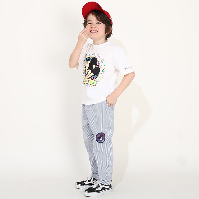 【ベビードール】ミッキー ドナルド ワッペンロングパンツ 0302K / ベビーサイズ キッズ リンクコーデ ペアルック ボトムス 長ズボン デニム ヒッコリーストライプ テーパードシルエット ウエスト総ゴム