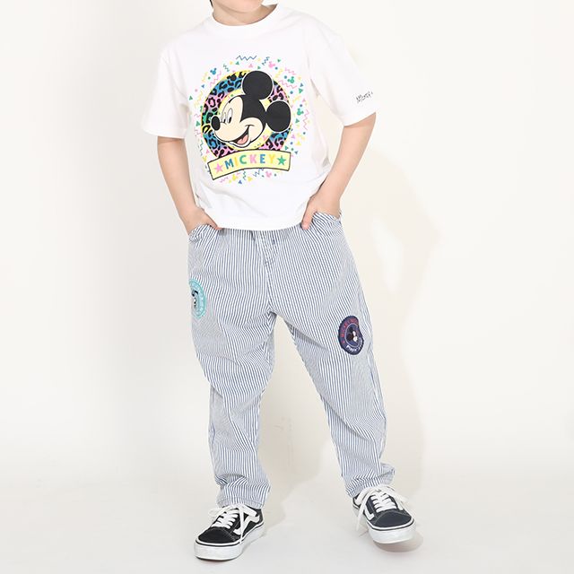 【ベビードール】ミッキー ドナルド ワッペンロングパンツ 0302K / ベビーサイズ キッズ リンクコーデ ペアルック ボトムス 長ズボン デニム ヒッコリーストライプ テーパードシルエット ウエスト総ゴム