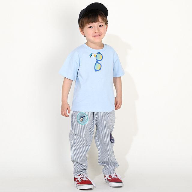 【ベビードール】ミッキー ドナルド ワッペンロングパンツ 0302K / ベビーサイズ キッズ リンクコーデ ペアルック ボトムス 長ズボン デニム ヒッコリーストライプ テーパードシルエット ウエスト総ゴム