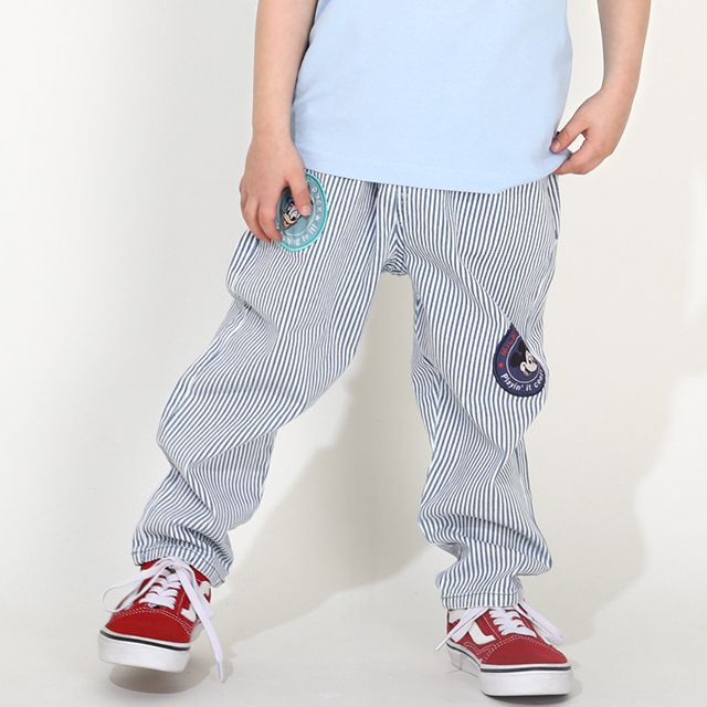 【ベビードール】ミッキー ドナルド ワッペンロングパンツ 0302K / ベビーサイズ キッズ リンクコーデ ペアルック ボトムス 長ズボン デニム ヒッコリーストライプ テーパードシルエット ウエスト総ゴム