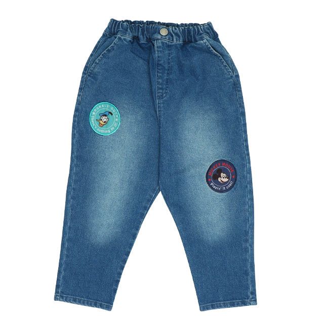 【ベビードール】ミッキー ドナルド ワッペンロングパンツ 0302K / ベビーサイズ キッズ リンクコーデ ペアルック ボトムス 長ズボン デニム ヒッコリーストライプ テーパードシルエット ウエスト総ゴム