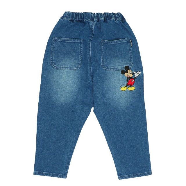 【ベビードール】ミッキー ドナルド ワッペンロングパンツ 0302K / ベビーサイズ キッズ リンクコーデ ペアルック ボトムス 長ズボン デニム ヒッコリーストライプ テーパードシルエット ウエスト総ゴム