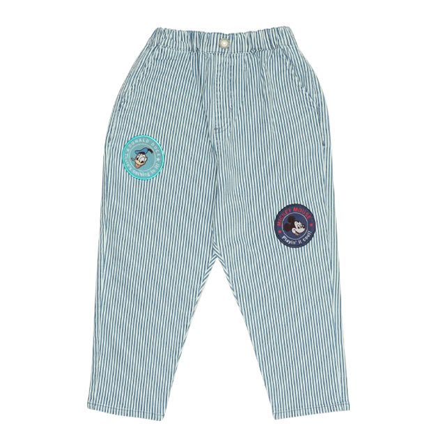 【ベビードール】ミッキー ドナルド ワッペンロングパンツ 0302K / ベビーサイズ キッズ リンクコーデ ペアルック ボトムス 長ズボン デニム ヒッコリーストライプ テーパードシルエット ウエスト総ゴム