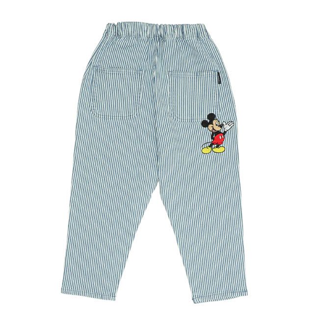 【ベビードール】ミッキー ドナルド ワッペンロングパンツ 0302K / ベビーサイズ キッズ リンクコーデ ペアルック ボトムス 長ズボン デニム ヒッコリーストライプ テーパードシルエット ウエスト総ゴム