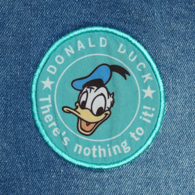 【ベビードール】ミッキー ドナルド ワッペンロングパンツ 0302K / ベビーサイズ キッズ リンクコーデ ペアルック ボトムス 長ズボン デニム ヒッコリーストライプ テーパードシルエット ウエスト総ゴム