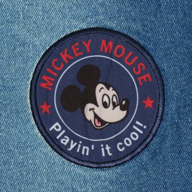 【ベビードール】ミッキー ドナルド ワッペンロングパンツ 0302K / ベビーサイズ キッズ リンクコーデ ペアルック ボトムス 長ズボン デニム ヒッコリーストライプ テーパードシルエット ウエスト総ゴム