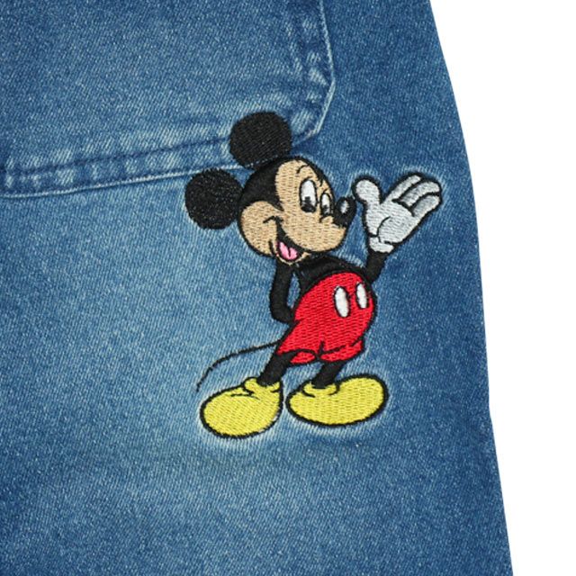 【ベビードール】ミッキー ドナルド ワッペンロングパンツ 0302K / ベビーサイズ キッズ リンクコーデ ペアルック ボトムス 長ズボン デニム ヒッコリーストライプ テーパードシルエット ウエスト総ゴム