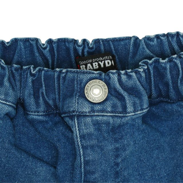 【ベビードール】ミッキー ドナルド ワッペンロングパンツ 0302K / ベビーサイズ キッズ リンクコーデ ペアルック ボトムス 長ズボン デニム ヒッコリーストライプ テーパードシルエット ウエスト総ゴム