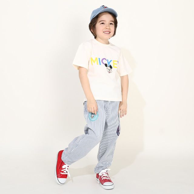 【ベビードール】ミッキー ドナルド ワッペンロングパンツ 0302K / ベビーサイズ キッズ リンクコーデ ペアルック ボトムス 長ズボン デニム ヒッコリーストライプ テーパードシルエット ウエスト総ゴム