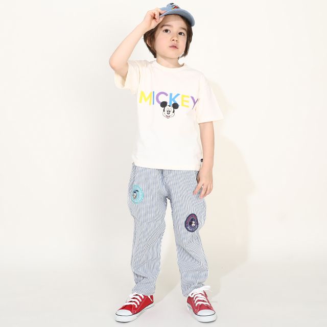 【ベビードール】ミッキー ドナルド ワッペンロングパンツ 0302K / ベビーサイズ キッズ リンクコーデ ペアルック ボトムス 長ズボン デニム ヒッコリーストライプ テーパードシルエット ウエスト総ゴム