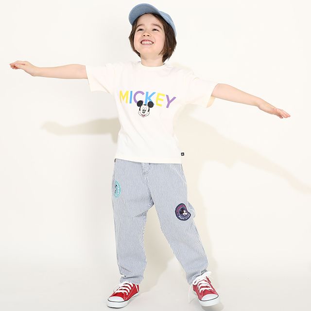 【ベビードール】ミッキー ドナルド ワッペンロングパンツ 0302K / ベビーサイズ キッズ リンクコーデ ペアルック ボトムス 長ズボン デニム ヒッコリーストライプ テーパードシルエット ウエスト総ゴム