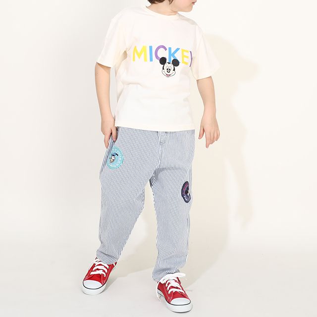 【ベビードール】ミッキー ドナルド ワッペンロングパンツ 0302K / ベビーサイズ キッズ リンクコーデ ペアルック ボトムス 長ズボン デニム ヒッコリーストライプ テーパードシルエット ウエスト総ゴム