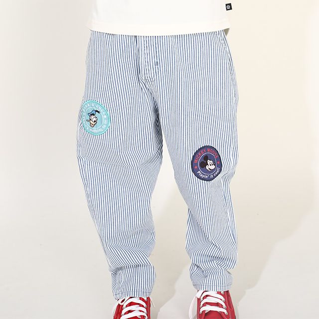 【ベビードール】ミッキー ドナルド ワッペンロングパンツ 0302K / ベビーサイズ キッズ リンクコーデ ペアルック ボトムス 長ズボン デニム ヒッコリーストライプ テーパードシルエット ウエスト総ゴム