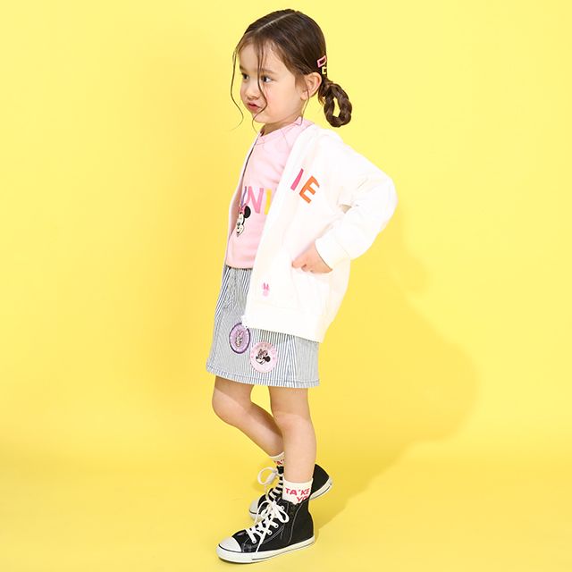 【ベビードール】ミニー デイジー ワッペンスカート 0303K / ベビーサイズ キッズ リンクコーデ ペアルック ボトムス デニム ヒッコリーストライプ ウエスト総ゴム