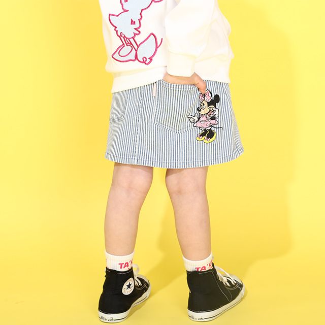 【ベビードール】ミニー デイジー ワッペンスカート 0303K / ベビーサイズ キッズ リンクコーデ ペアルック ボトムス デニム ヒッコリーストライプ ウエスト総ゴム