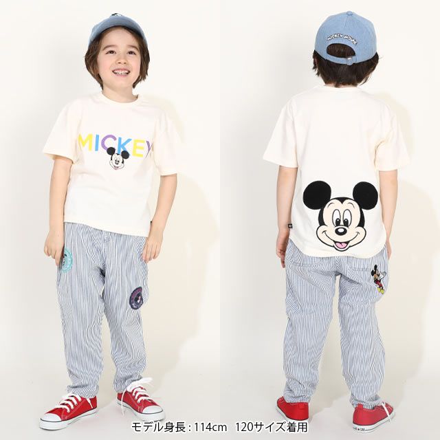 【ベビードール】ミッキー バックキャラクターワッペンTシャツ 0304K / ベビーサイズ キッズ トップス 半袖 天竺素材 後ろ裾ラウンド セミワイド