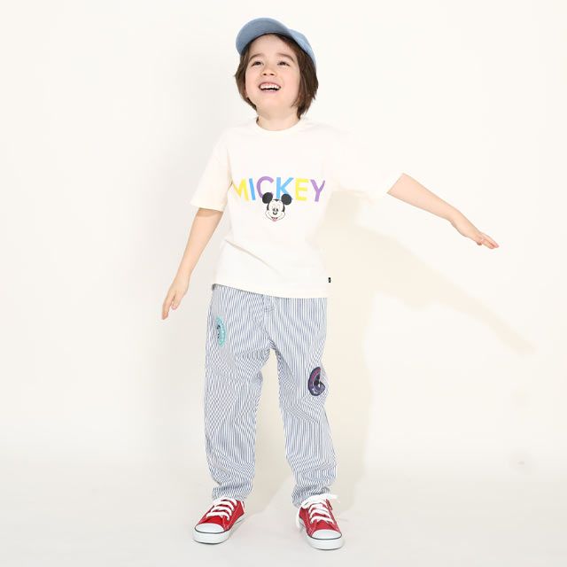 【ベビードール】ミッキー バックキャラクターワッペンTシャツ 0304K / ベビーサイズ キッズ トップス 半袖 天竺素材 後ろ裾ラウンド セミワイド
