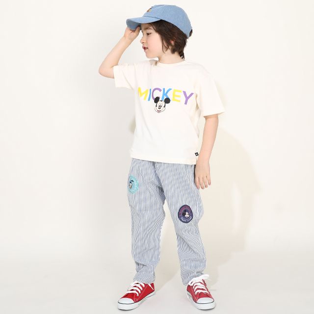 【ベビードール】ミッキー バックキャラクターワッペンTシャツ 0304K / ベビーサイズ キッズ トップス 半袖 天竺素材 後ろ裾ラウンド セミワイド
