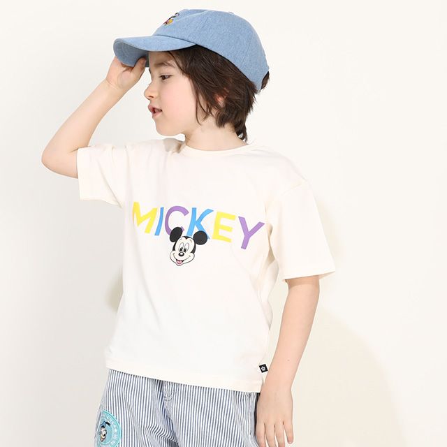 【ベビードール】ミッキー バックキャラクターワッペンTシャツ 0304K / ベビーサイズ キッズ トップス 半袖 天竺素材 後ろ裾ラウンド セミワイド