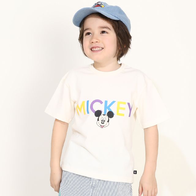 【ベビードール】ミッキー バックキャラクターワッペンTシャツ 0304K / ベビーサイズ キッズ トップス 半袖 天竺素材 後ろ裾ラウンド セミワイド