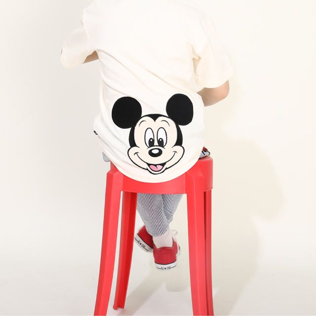 【ベビードール】ミッキー バックキャラクターワッペンTシャツ 0304K / ベビーサイズ キッズ トップス 半袖 天竺素材 後ろ裾ラウンド セミワイド