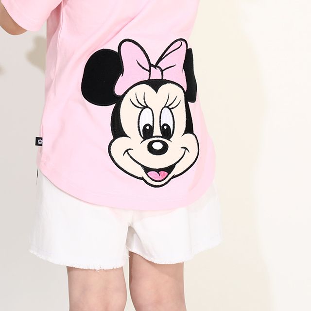 【ベビードール】ミニー バックキャラクターワッペンTシャツ 0304K / ベビーサイズ キッズ トップス 半袖 天竺素材 後ろ裾ラウンド セミワイド