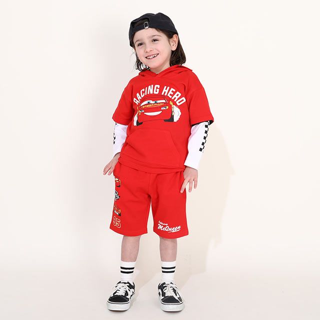 【ベビードール】カーズ バッグロゴなりきる半袖パーカー 0310K / ライトニング・マックィーン ベビーサイズ キッズ トップス フードパーカー セットコーデ（ハーフパンツ別売）