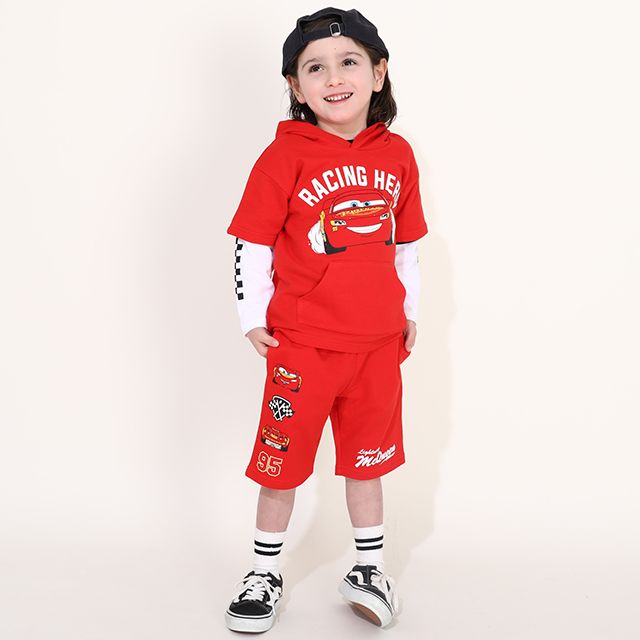 【ベビードール】カーズ バッグロゴなりきる半袖パーカー 0310K / ライトニング・マックィーン ベビーサイズ キッズ トップス フードパーカー セットコーデ（ハーフパンツ別売）