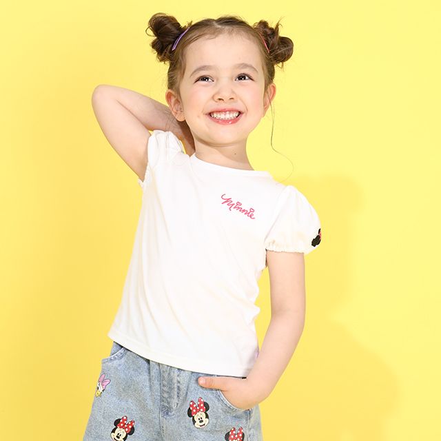 【ベビードール】ミニー Tシャツ＆チェックキャミセット 0319K / ベビーサイズ キッズ トップス コーデセット レイヤード 半袖 パフ袖 キャミソール 天竺素材 肩紐長さ調整可