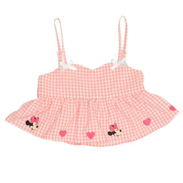 【ベビードール】ミニー Tシャツ＆チェックキャミセット 0319K / ベビーサイズ キッズ トップス コーデセット レイヤード 半袖 パフ袖 キャミソール 天竺素材 肩紐長さ調整可