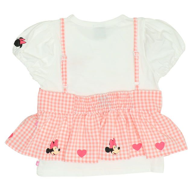 【ベビードール】ミニー Tシャツ＆チェックキャミセット 0319K / ベビーサイズ キッズ トップス コーデセット レイヤード 半袖 パフ袖 キャミソール 天竺素材 肩紐長さ調整可