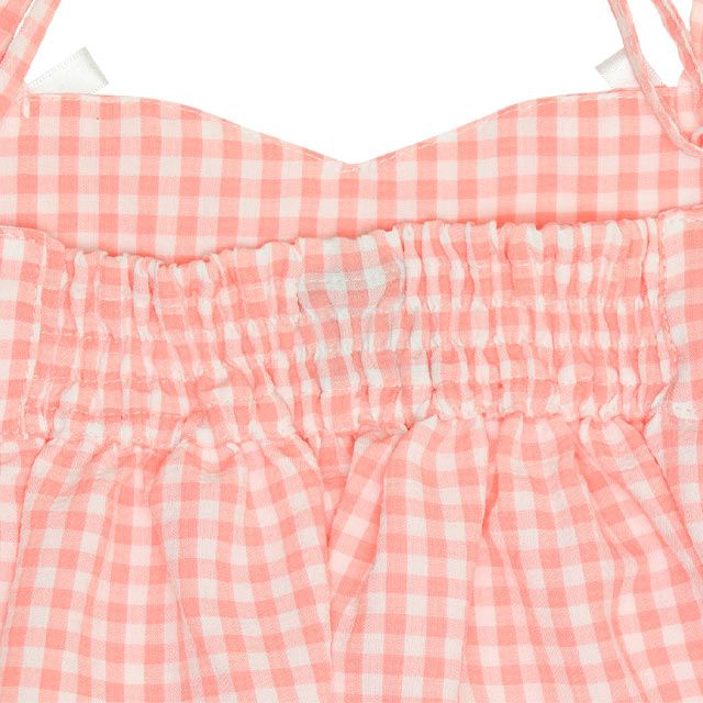 【ベビードール】ミニー Tシャツ＆チェックキャミセット 0319K / ベビーサイズ キッズ トップス コーデセット レイヤード 半袖 パフ袖 キャミソール 天竺素材 肩紐長さ調整可