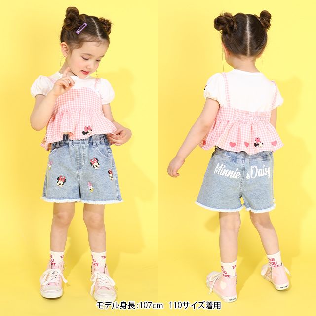 【ベビードール】ミニー Tシャツ＆チェックキャミセット 0319K / ベビーサイズ キッズ トップス コーデセット レイヤード 半袖 パフ袖 キャミソール 天竺素材 肩紐長さ調整可