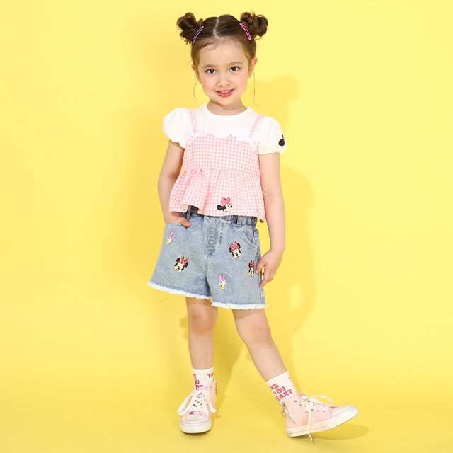 【ベビードール】ミニー Tシャツ＆チェックキャミセット 0319K / ベビーサイズ キッズ トップス コーデセット レイヤード 半袖 パフ袖 キャミソール 天竺素材 肩紐長さ調整可