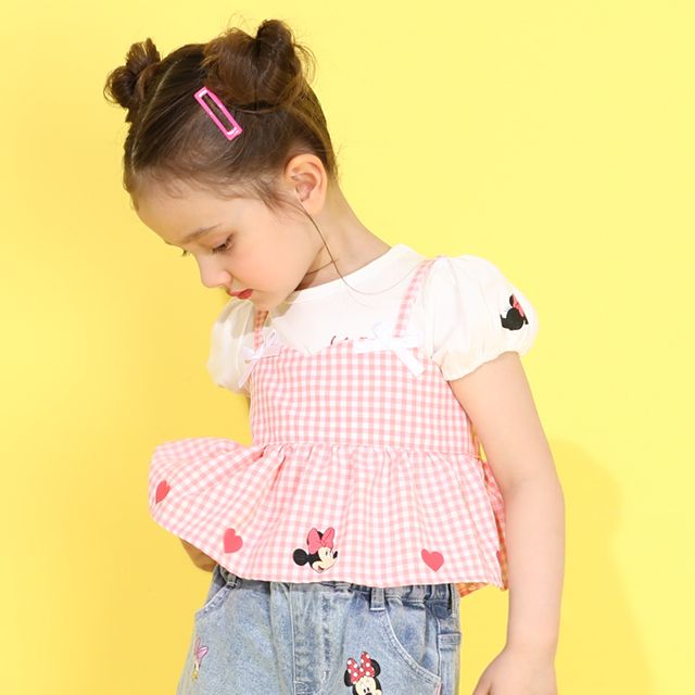 【ベビードール】ミニー Tシャツ＆チェックキャミセット 0319K / ベビーサイズ キッズ トップス コーデセット レイヤード 半袖 パフ袖 キャミソール 天竺素材 肩紐長さ調整可
