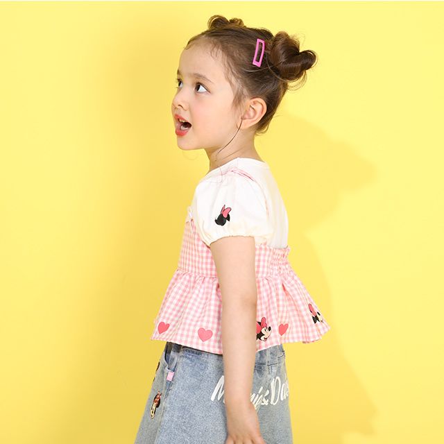 【ベビードール】ミニー Tシャツ＆チェックキャミセット 0319K / ベビーサイズ キッズ トップス コーデセット レイヤード 半袖 パフ袖 キャミソール 天竺素材 肩紐長さ調整可