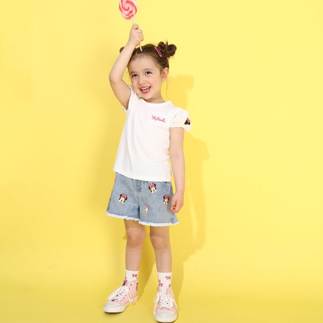 【ベビードール】ミニー Tシャツ＆チェックキャミセット 0319K / ベビーサイズ キッズ トップス コーデセット レイヤード 半袖 パフ袖 キャミソール 天竺素材 肩紐長さ調整可