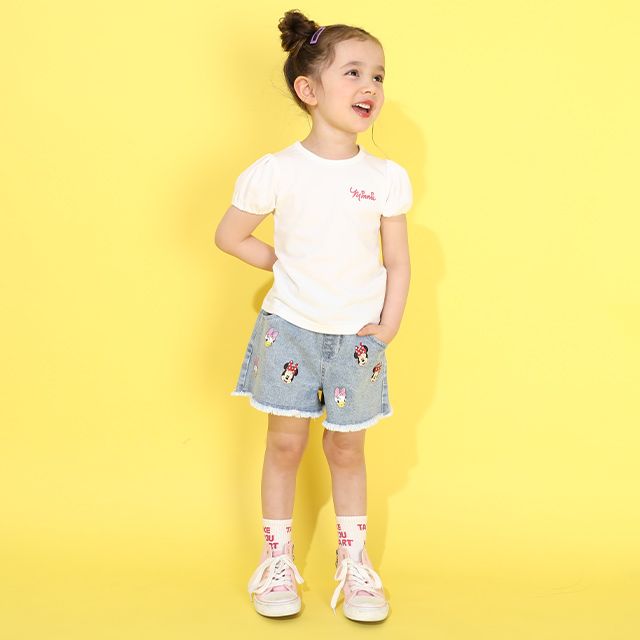 【ベビードール】ミニー Tシャツ＆チェックキャミセット 0319K / ベビーサイズ キッズ トップス コーデセット レイヤード 半袖 パフ袖 キャミソール 天竺素材 肩紐長さ調整可