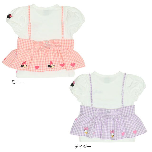 【ベビードール】デイジー Tシャツ＆チェックキャミセット 0319K / ベビーサイズ キッズ トップス コーデセット レイヤード 半袖 パフ袖 キャミソール 天竺素材 肩紐長さ調整可