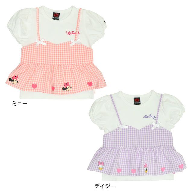 【ベビードール】デイジー Tシャツ＆チェックキャミセット 0319K / ベビーサイズ キッズ トップス コーデセット レイヤード 半袖 パフ袖 キャミソール 天竺素材 肩紐長さ調整可