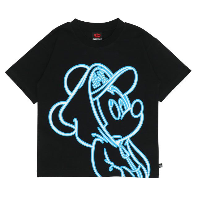【ベビードール】ミッキー 親子お揃い ネオンキャラクターTシャツ 0322K / ベビーサイズ キッズ リンクコーデ ペアルック 親子コーデ トップス 半袖 クルーネック カットソー 天竺素材