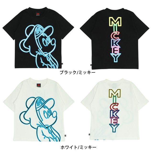 【ベビードール】ミッキー 親子お揃い ネオンキャラクターTシャツ 0322K / ベビーサイズ キッズ リンクコーデ ペアルック 親子コーデ トップス 半袖 クルーネック カットソー 天竺素材