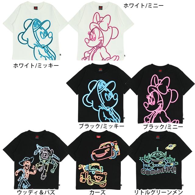 【ベビードール】ミッキー 親子お揃い ネオンキャラクターTシャツ 0322K / ベビーサイズ キッズ リンクコーデ ペアルック 親子コーデ トップス 半袖 クルーネック カットソー 天竺素材