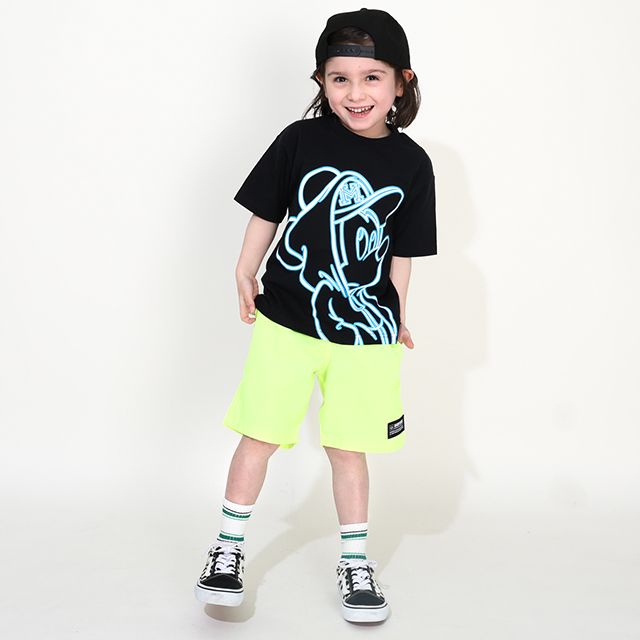 【ベビードール】ミッキー 親子お揃い ネオンキャラクターTシャツ 0322K / ベビーサイズ キッズ リンクコーデ ペアルック 親子コーデ トップス 半袖 クルーネック カットソー 天竺素材