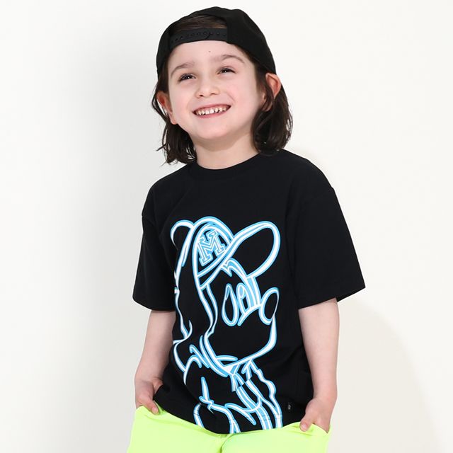 【ベビードール】ミッキー 親子お揃い ネオンキャラクターTシャツ 0322K / ベビーサイズ キッズ リンクコーデ ペアルック 親子コーデ トップス 半袖 クルーネック カットソー 天竺素材